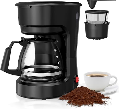 Cafetera programable de 5 tazas, pequeña cafetera de goteo con jarra de vidrio de grado alimenticio, mantiene siempre caliente con interruptor,