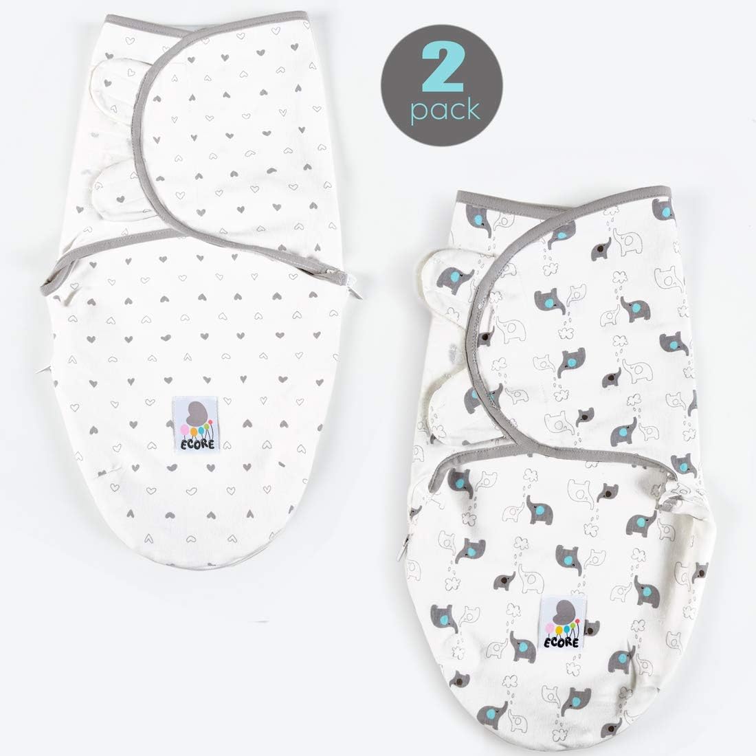 Ecore Baby Swaddle Blankets for Newborn Boys and Girls (2 Pack) Infant Swaddling Wraps,Quick Access Zippered Sack，Secure Comfort，Heart/Elephant
