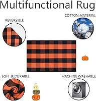 Vista 5 de Juego combinado de tapetes de puerta de decoración de otoño, 100% fibra de coco + alfombra a cuadros naranja y negra de 28 x 43 pulgadas, tapete