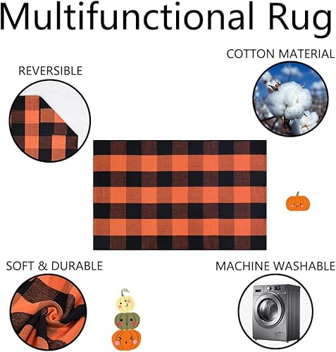 Miniatura 5 de Juego combinado de tapetes de puerta de decoración de otoño, 100% fibra de coco + alfombra a cuadros naranja y negra de 28 x 43 pulgadas, tapete de