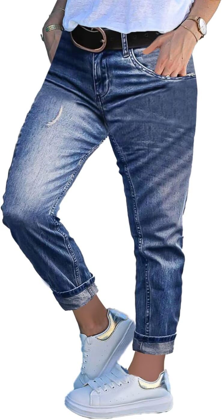 Flamingals Cropped Straight Leg Mid Rise Boyfriend Ripped Wash Roll Hem Denim Jeans