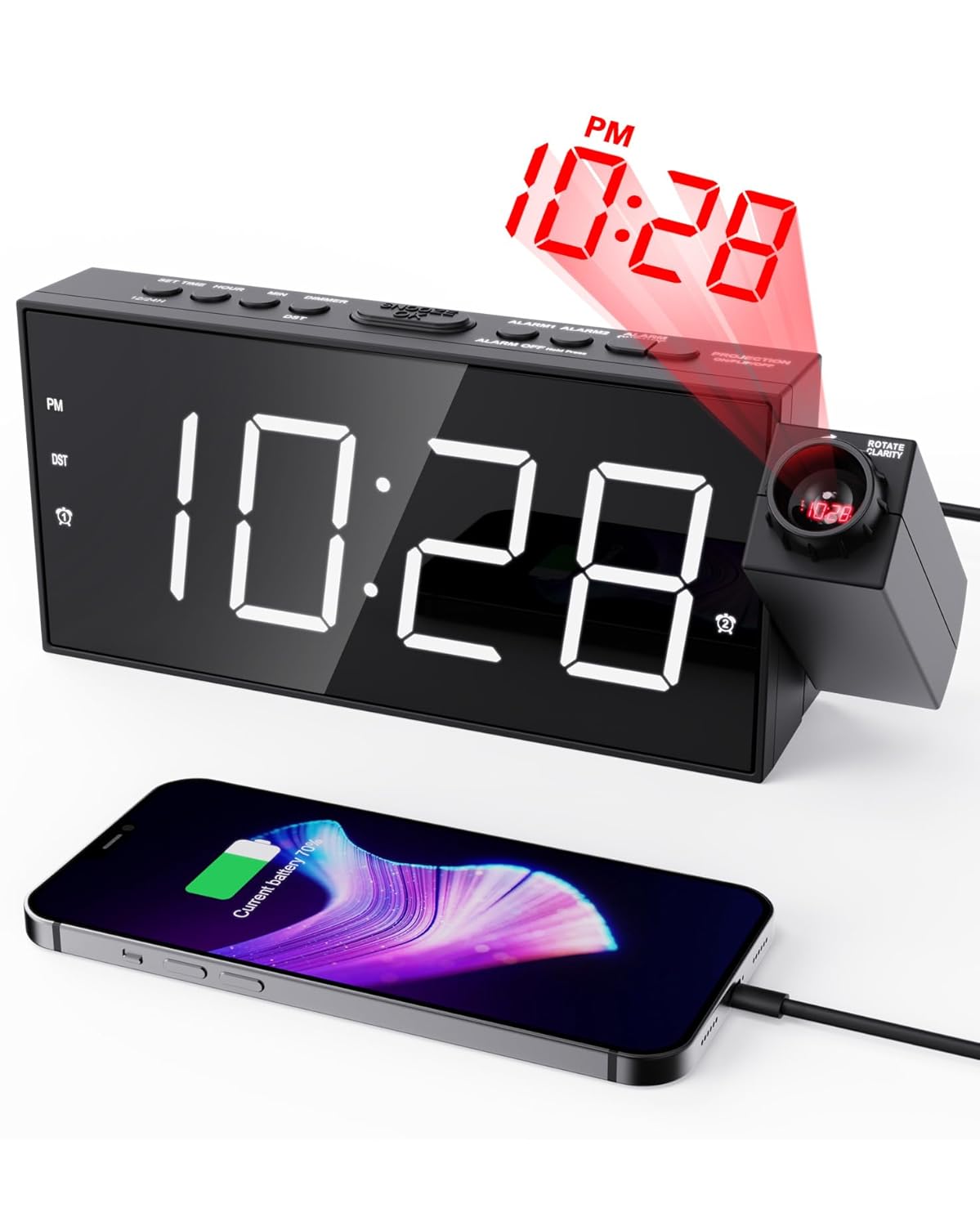 Projection Alarm Clock on Ceiling Digital Clock for Bedroom with Battery Backup 7 Large Display USB Charger Dimmer