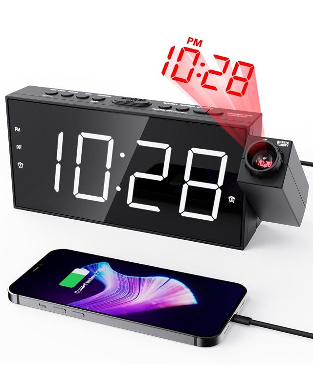 Projection Alarm Clock on Ceiling Digital Clock for Bedroom with Battery Backup 7 Large Display USB Charger Dimmer