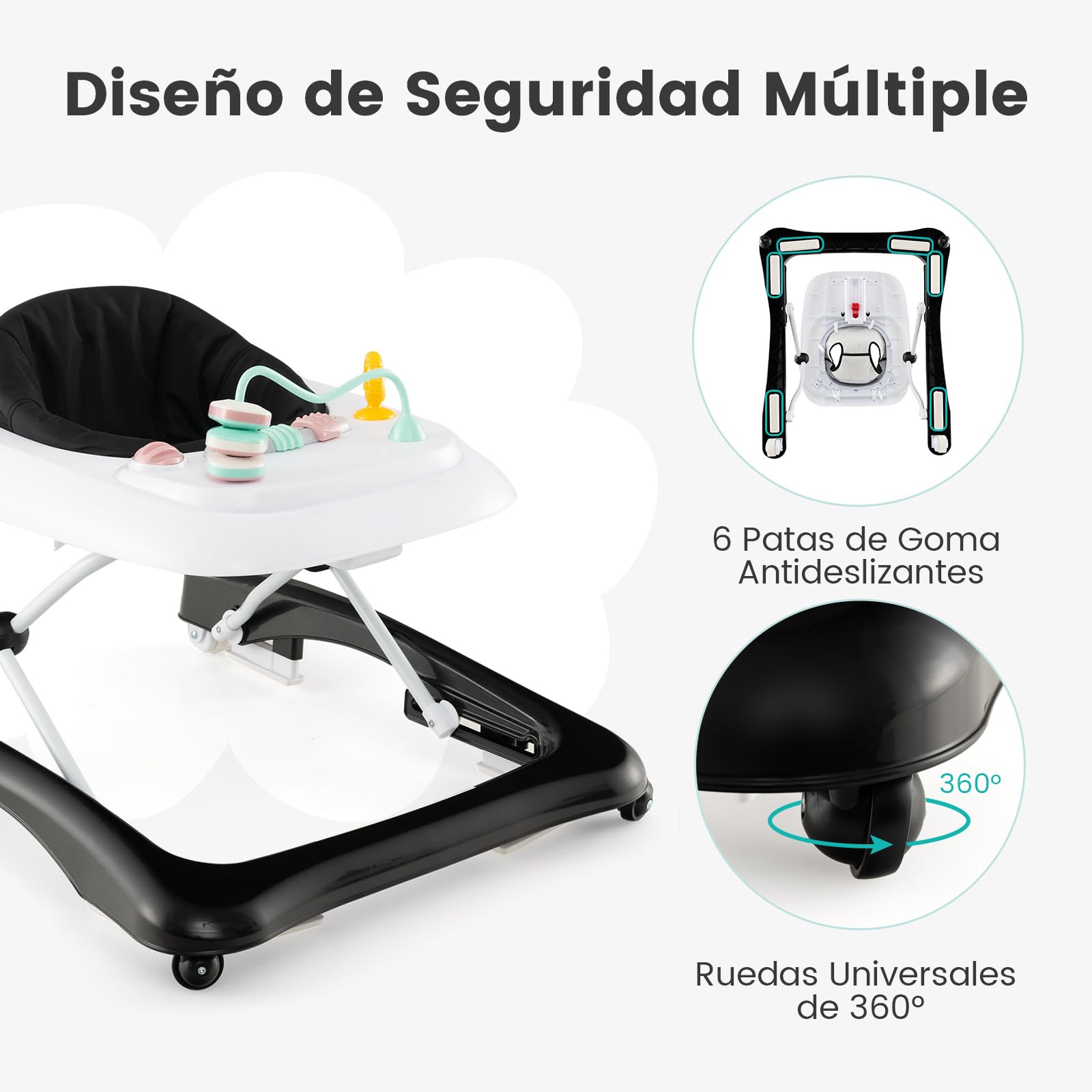 COSTWAY Andador Bebes 3 en 1, Andador Plegable para Bebé con 3 Alturas Ajustables, Asiento Acolchado Cómodo y Plato de Juguetes Extraíble, Tacata Bebe con Ruedas para Niños de 6+ Meses (Negro)