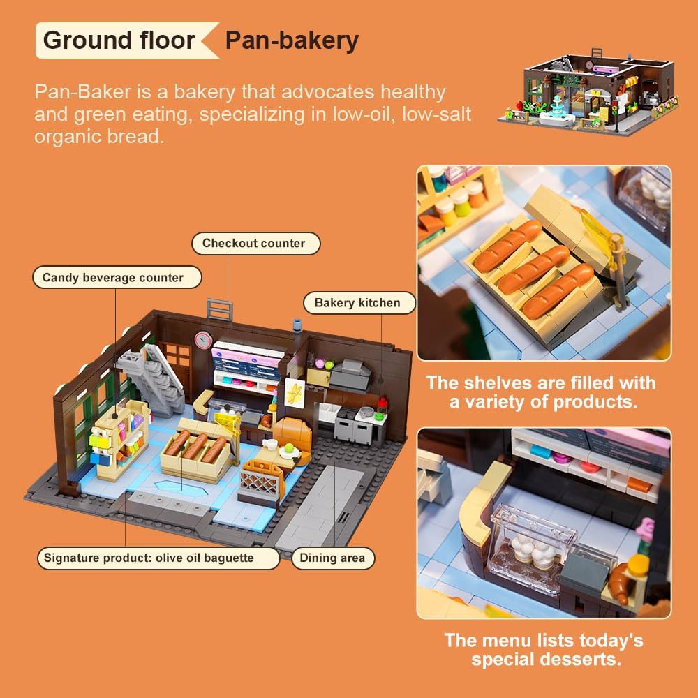 PANTASY European Bakery Building Kit-Landmark Construction Set for Adults & Teens, Featuring a Bakery, Gym, Living Quarters, and Sky Garden