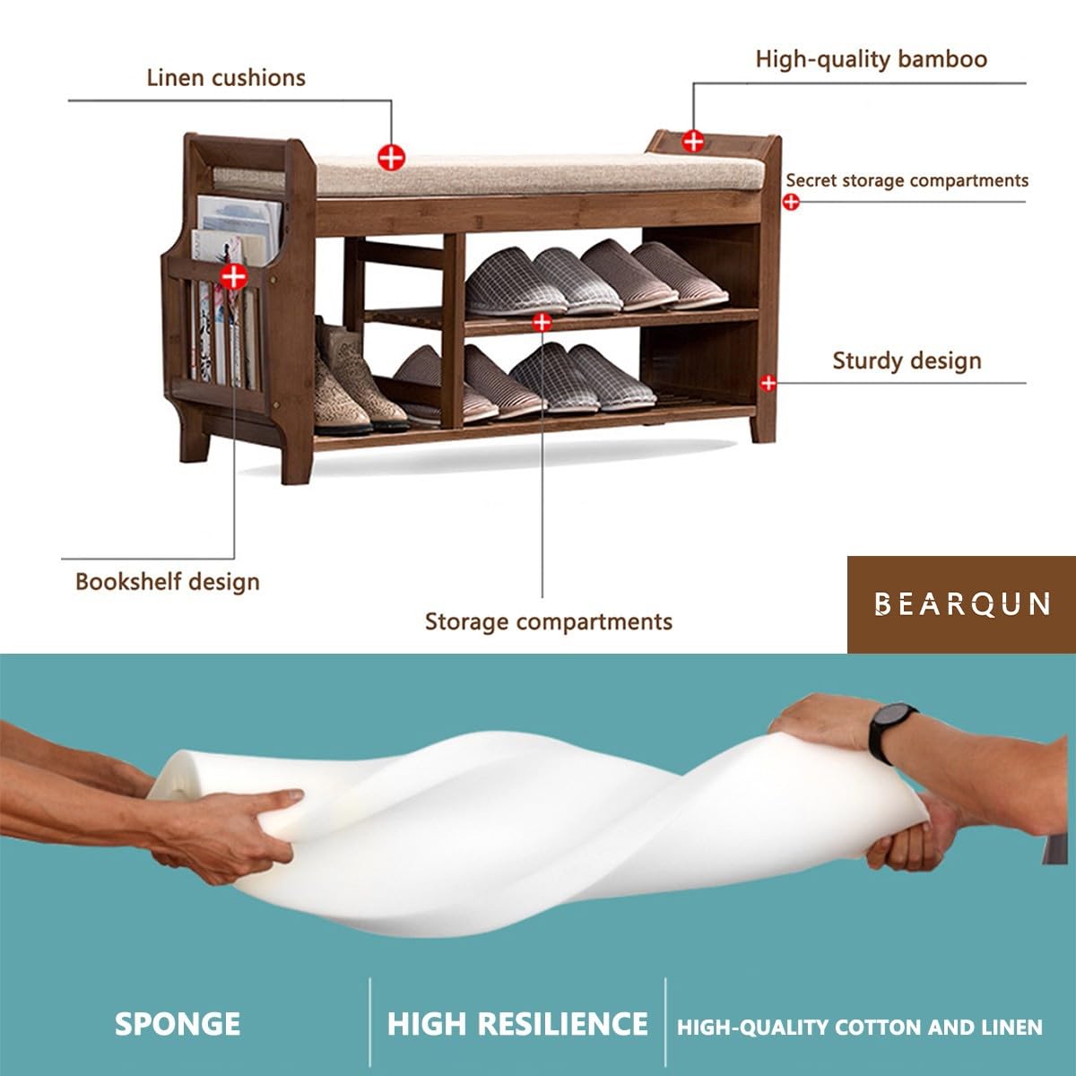 Banc à chaussures en bois avec assise rembourrée – 2 niveaux avec étagères réglables – Slish Sto pour couloir, chambre à coucher, salon – 100 cm x 30 cm x 50 cm