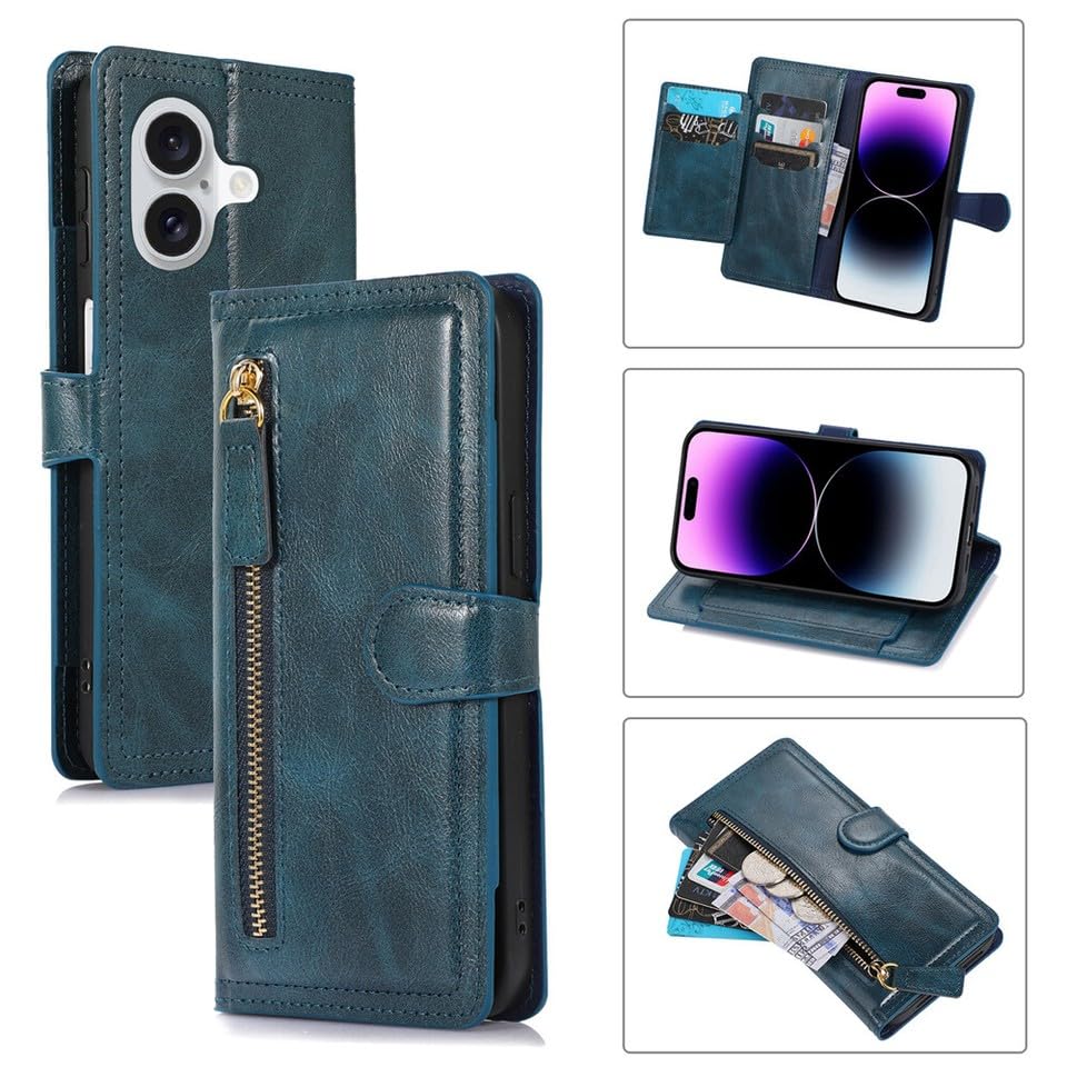 Étui pour iPhone 16 Pro bleu, housse en cuir à clapet aimanté avec design simple - 2