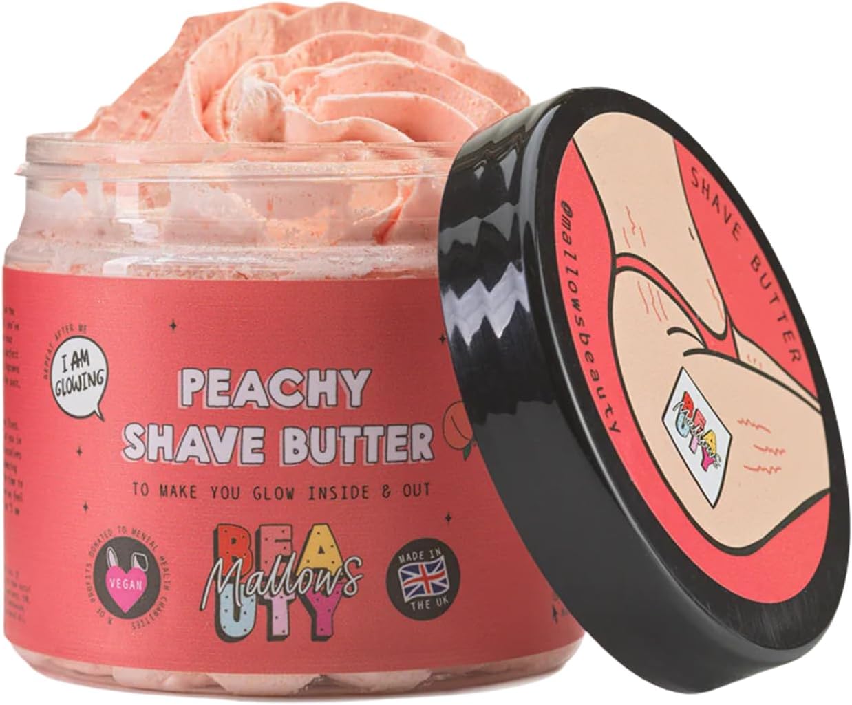 Mallows Beauty - Shave Butter – Luxuriously Rich, Nourishing Balm with nourishing oils and Vitamin E to Soothe Razor Rash, Ingrown Hairs & Deliver Silky‑Smooth Skin (Peachy)