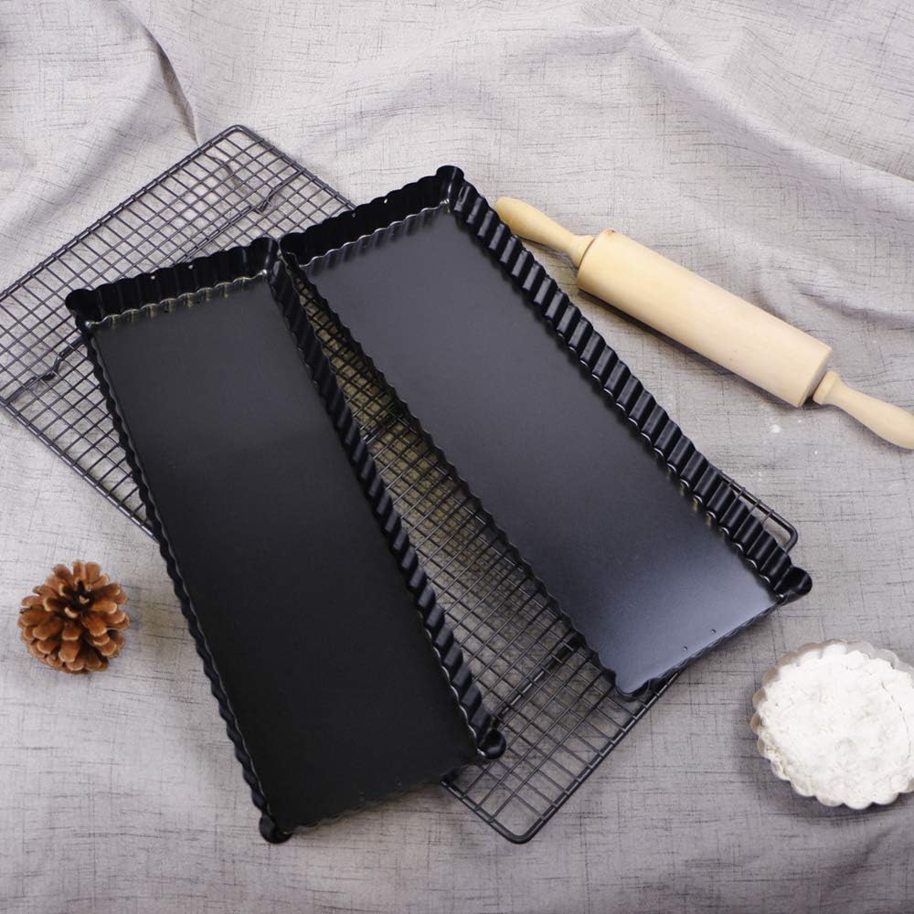 Webake 14 Inch Heavy Gauge Carbon Steel Non-stick Rectangular Tart Pan with Removable Bottom Quiche Baking Pan (Pack of 2)