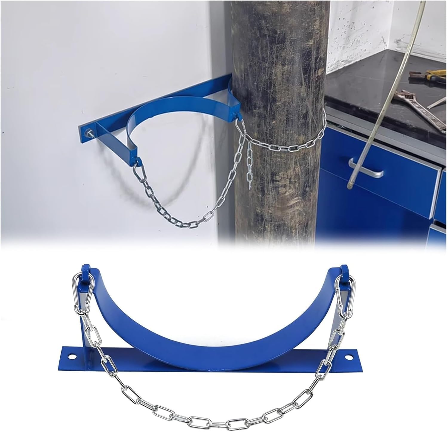 Support mural pour bouteille d'oxygène en acier bleu avec chaîne