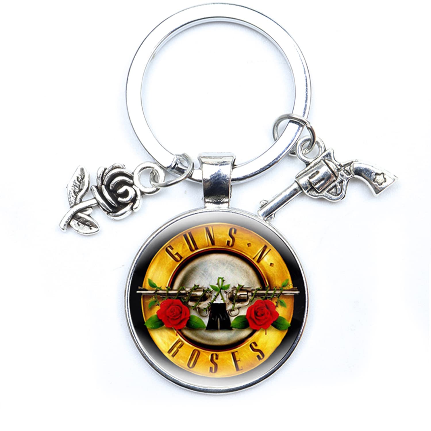 ZEIA3 Guns N Roses Creative Keychain Rock Band Fashion Key Chain Keyring Guns and Roses Charm Glass Pendant Punk Jewelry Gift For Fans, White, L
