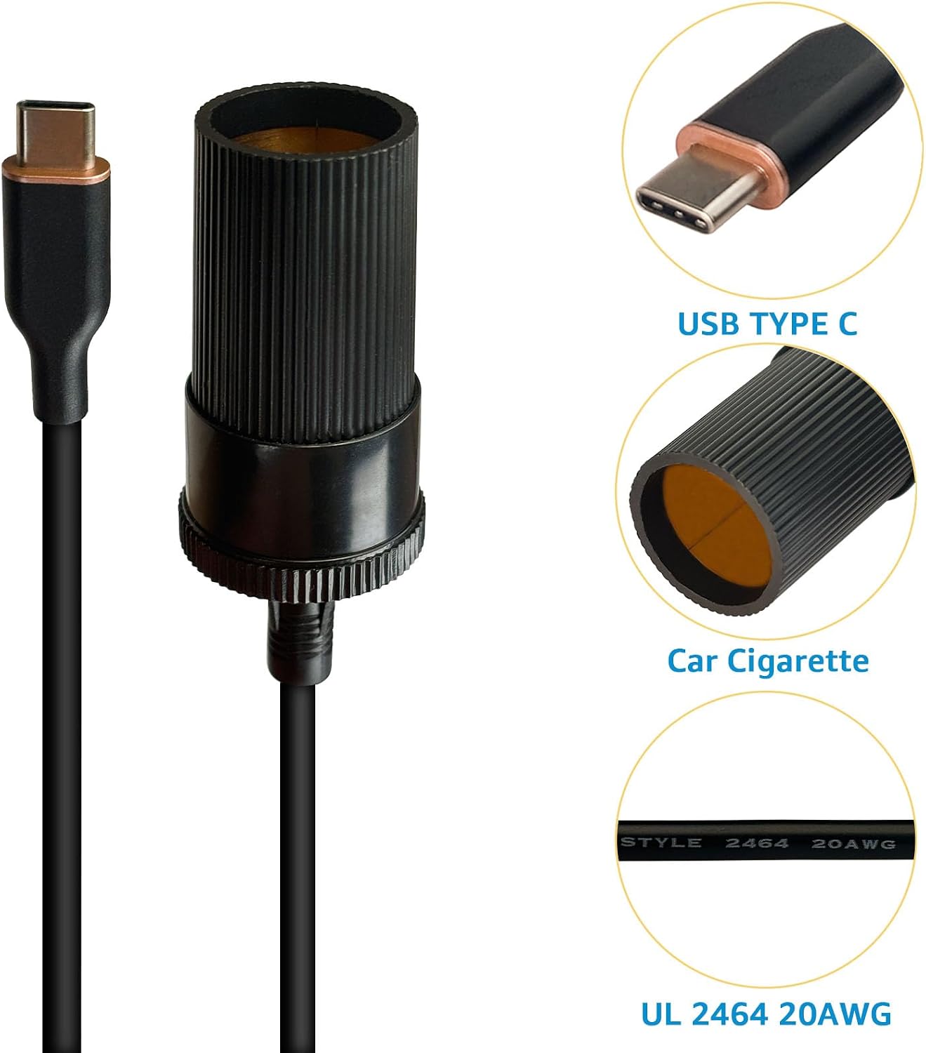 DSD TECH MagicConn SH-CP12M USB-C to 12V Cigarette Lighter Adapter for Car Recorder GPS