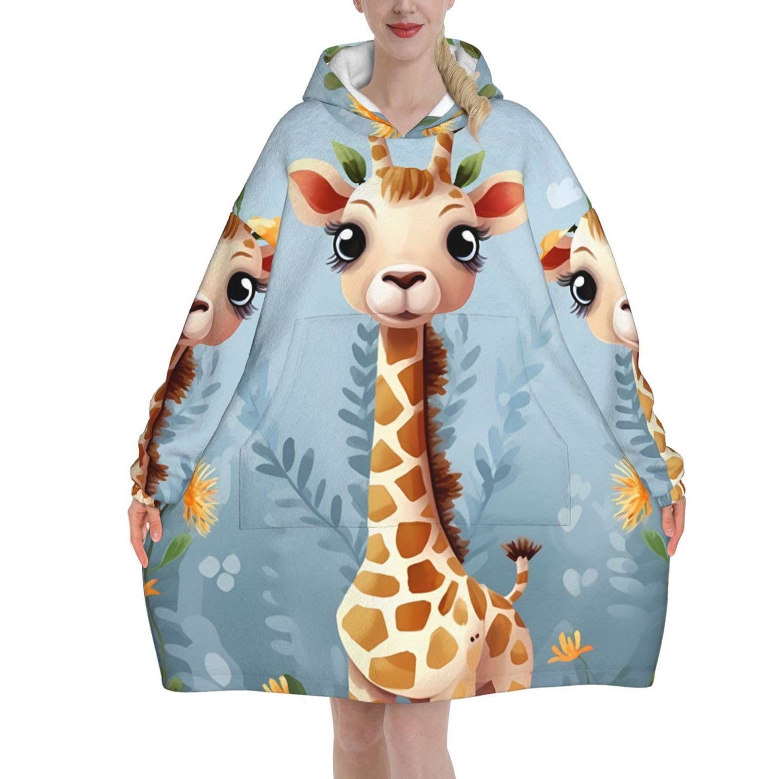 Lzqpoeas Wearable Blanket Hoodie flannel Hooded Blankets Cute Giraffe Flowers Blanket Sweatshirt for Adult Warm, Black, Normal