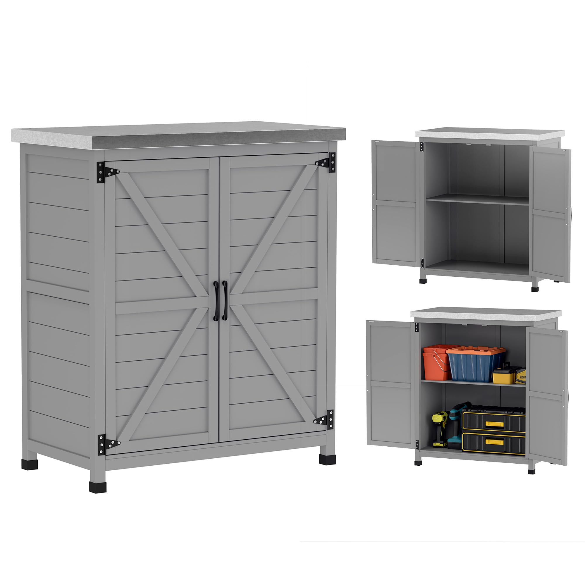 Outsunny Gartenschrank mit Pflanztisch Holz Geräteschuppen verzinkter Arbeitsplatte 2 Regalböden Doppeltür 79 x 43 x 92cm Grau