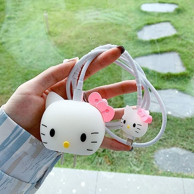 Image of Cartoon 3D Design Protective Case for 18W 20W iPhone 14 13 12 11 Pro Max Fast Charging Cable Adapter Charger, Cute Cartoon Lightning Data Cable Case for iPhone Charger Hello Kitty
