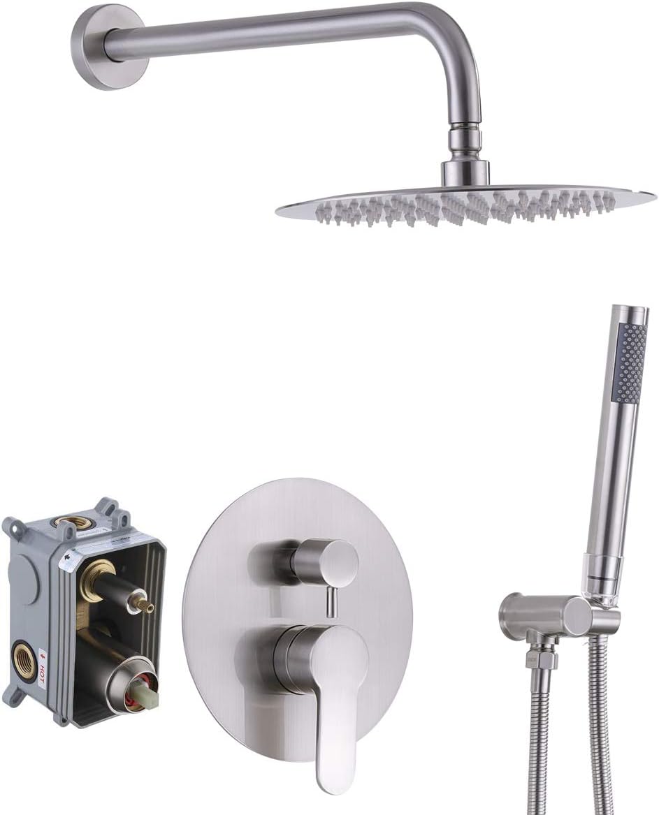 Review Discount KES Pressure Balancing Shower System Rough-in Shower Valve Faucet and Trim Kit Handheld and Rainfall Shower Head Combo Modern Round Brushed Nickel, XB6234-BN