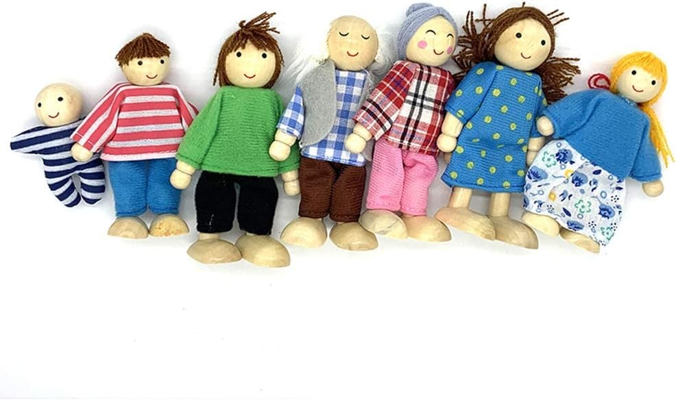 OKOK Wooden Dollhouse Family Set Dollhouse Dolls Wooden Doll Family Pretend Play Figures, Miniature Doll House Doll Figures, Family Role Play Pretend Play Mini People Figures (7 Piece)