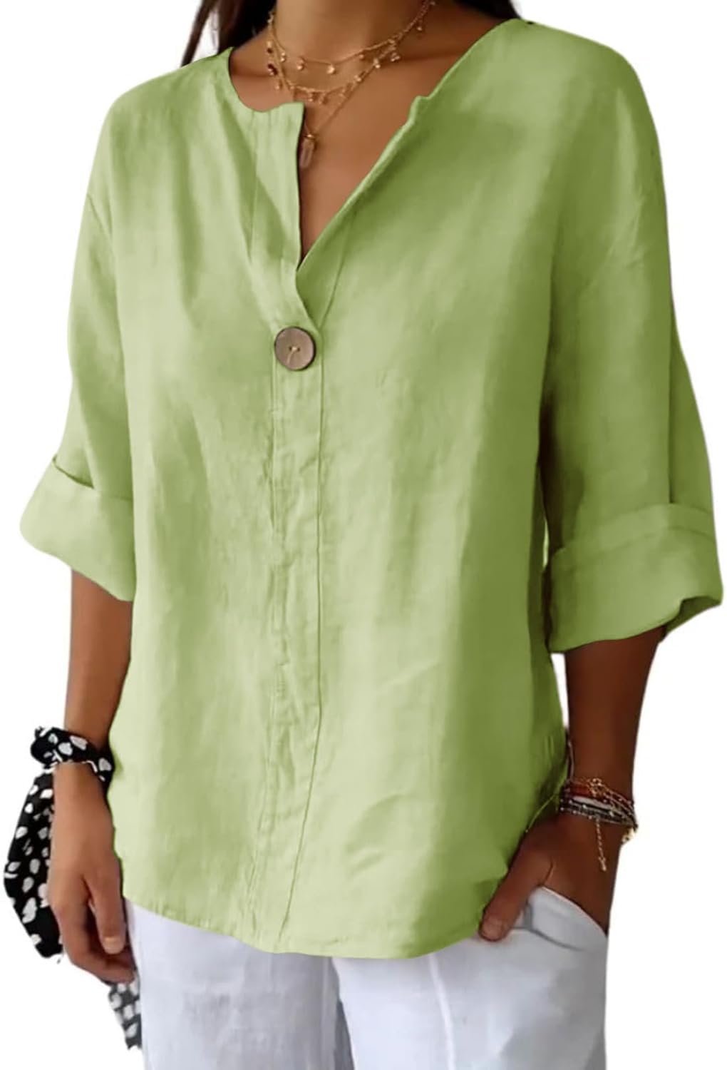 TERIVEEK Summer Linen Shirts for Women Button Down V Neck 3/4 Sleeve T-Shirt Blouse Casual Loose Basic Solid Tunic Tops 2025