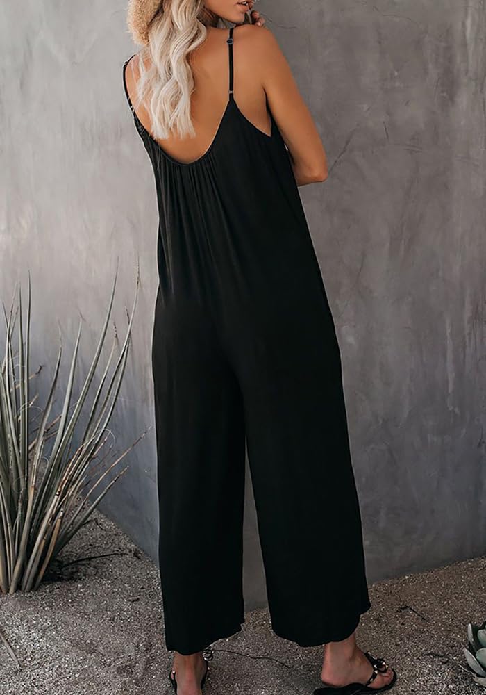 Combinaison longue femme col V Combinaison à jambes larges, poches et bretelles Coupe ample Style bohème Sans manches Tenue d’été
