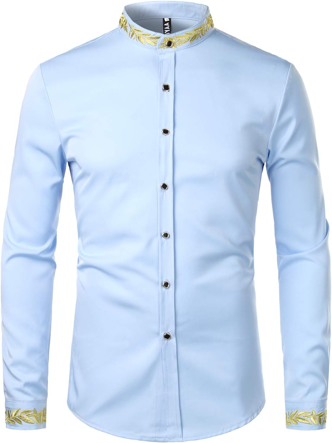 ZEROYAA Men's Luxury Gold Embroidery Design Slim Fit Long Sleeve Button Up Dress Shirts