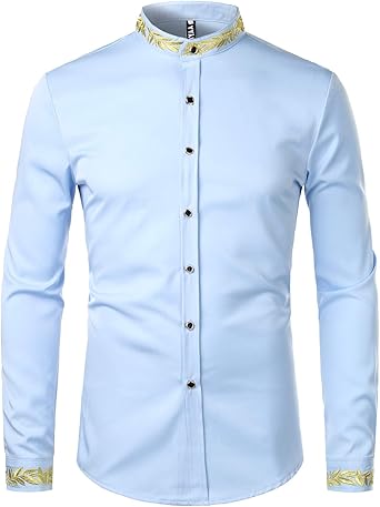 ZEROYAA Mens Luxury Gold Embroidery Design Slim Fit Long Sleeve Button Up Dress Shirts