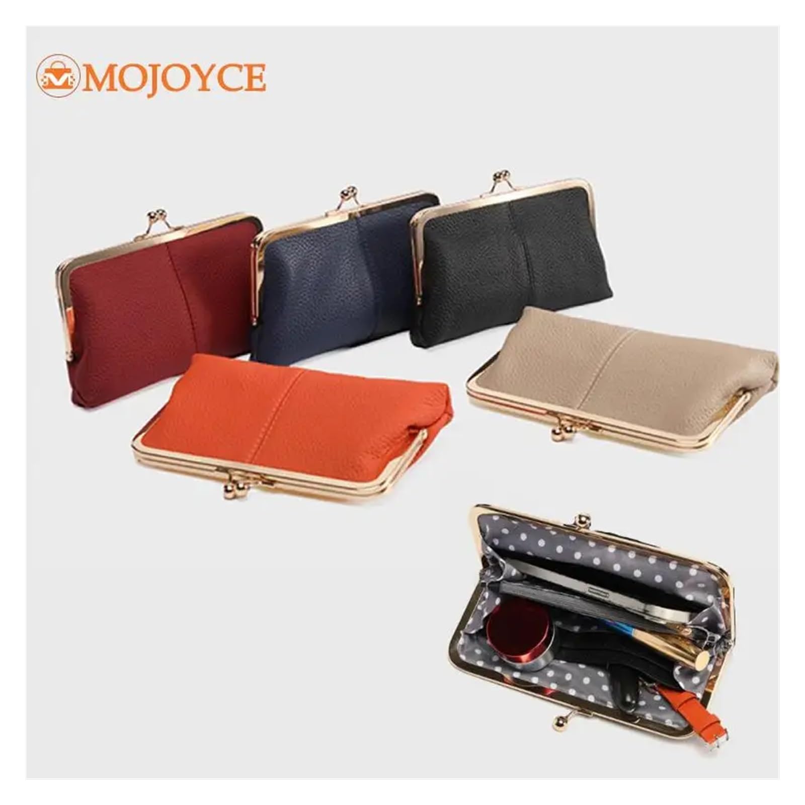 Cartera de Cuero Genuino con Cierre de Beso, Cartera de Mano de Gran Capacidad con Doble Clip, Tarjetero Largo, Cartera de Viaje, Bolsa de Cambio de Moneda enmarcada | Black