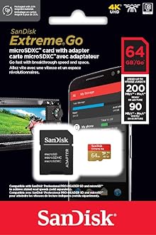 SanDisk Extreme Go micro SDXC card + SD adapter 64GB (For Android Devices, Gaming Consoles, Drones, Action Cams, UHS-I, up to 200 MB/s, V30, 5K, 4K, UHD, Rescue PRO, Class 10, U3) For Amazon