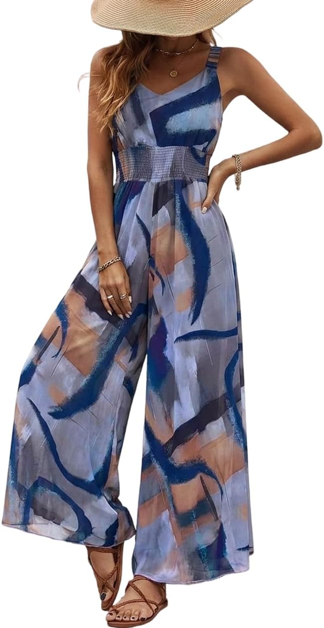 CHICME Women’s Abstract Print V Neck Jumpsuit Wide Leg High Cinched Waist Backless Sleeveless Chic Vacation Beach Romper