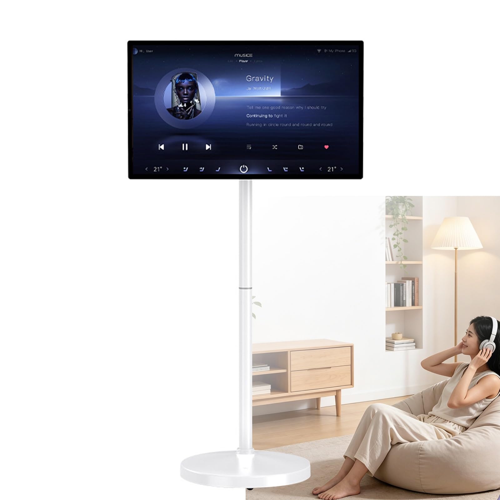 Televisor Inteligente Portátil, Soporte Móvil TV, Monitor Táctil Pie, Televisor Inalámbrico Con Ruedas, 6/8Gb Ram + 128Gb Almacenamiento Y Soporte Suelo Ajustable Pantalla Grande(6+128G,23.8'')