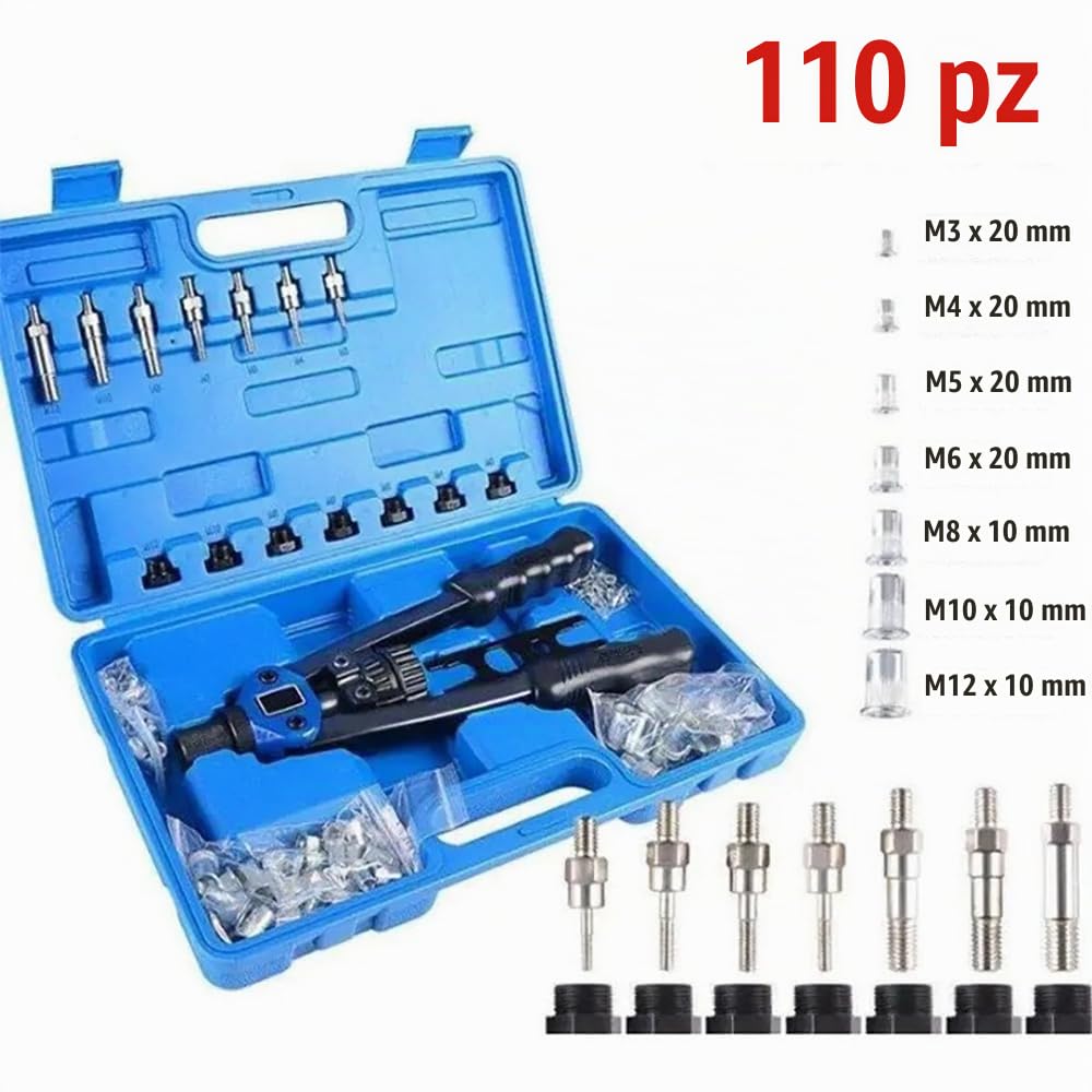 NEWFUN Pinza per rivetti, rivettatrice per inserti filettati, set di pinze per rivetti filettati, contiene 110 inserti filettati e pinze di serraggio delle dimensioni M3 - M12