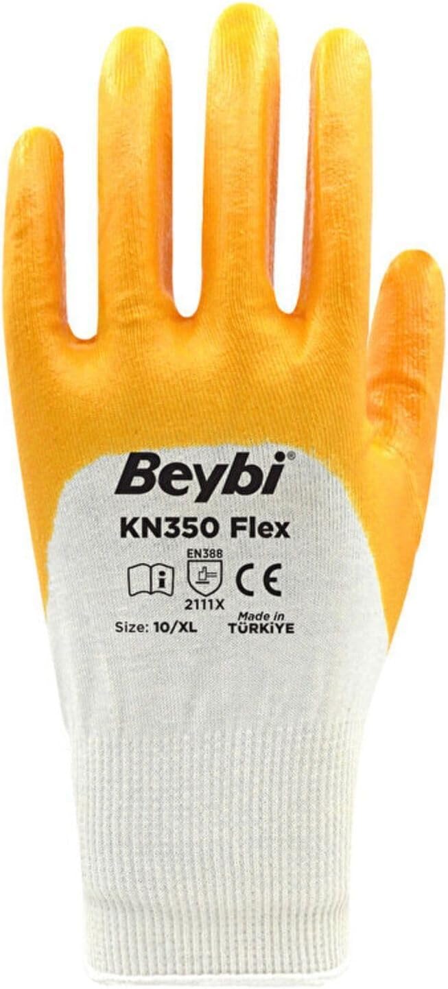 Beybi Pamuk Nitril Pamuk Kn350 Flex 10 Beden İşçi Eldiveni Beyaz Sarı En388 2111X (12 Li Paket)
