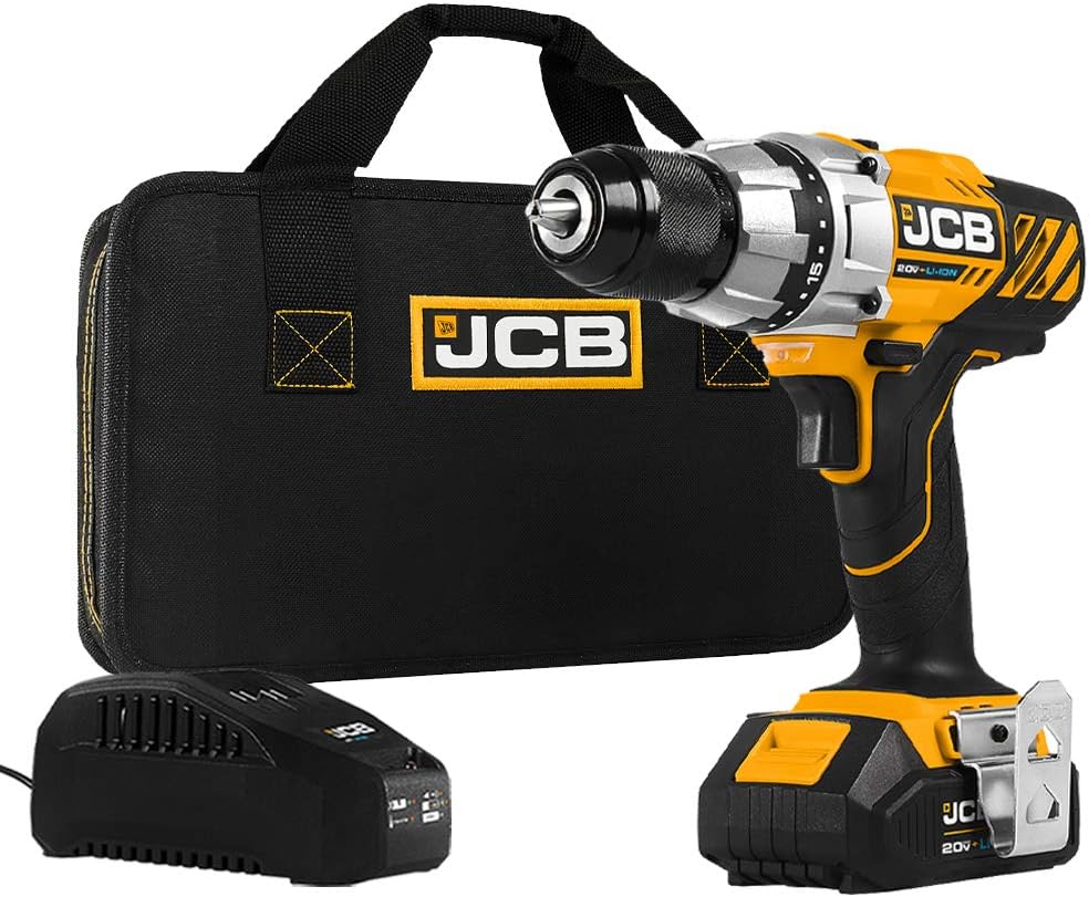JCB Tools - JCB 20V Cordless Drill Driver Power Tool - Includes 2.0Ah Battery, Charger And Zip Case - Variable Speed - Forward And Reverse Rotation - For Home Improvements, Drilling And Screwdriving
