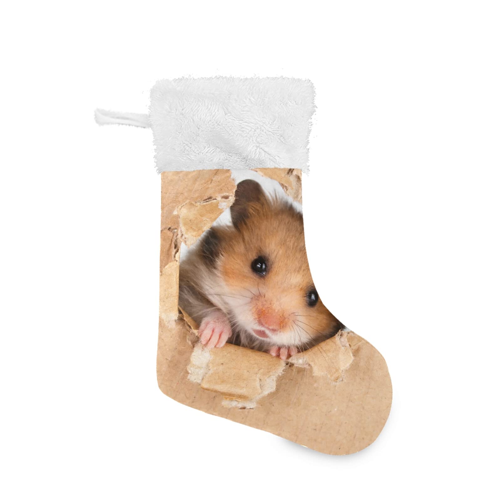 Little Hamster Looking Through a Cardboard Torn Hole 1 PC Christmas Stockings, Large Burlap Plush Faux Fur Cuff 18"x8" Stockings for Bed Stairs Fireplace Xmas Tree Party Accessory
