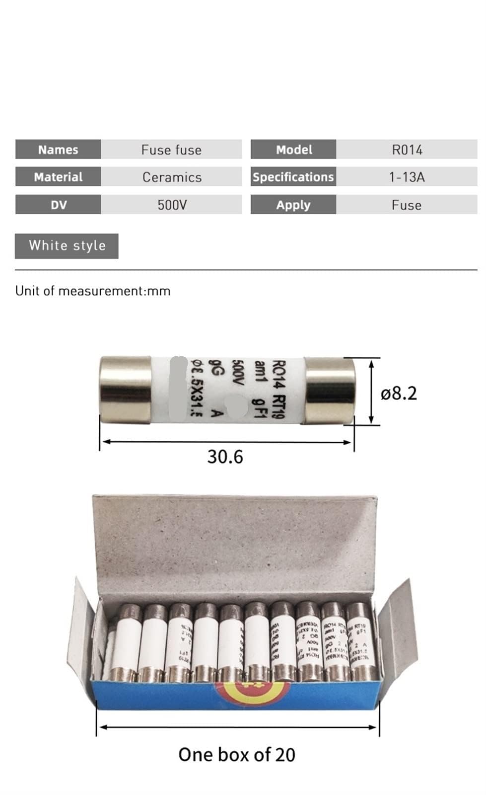 Fusibili a cartuccia in ceramica, Fusibili for tubi in ceramica R014 R015 1A-32A 500V 20 pezzi(32A 9.5x36.5mm)