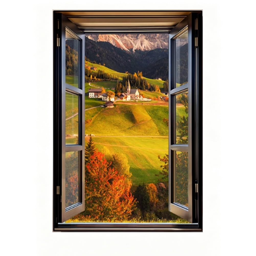 GZHERVICES Faux Window Mountain View Wall Art, Fake Window Frame View Of Sunlight Over The Hill Landscape，3D Realistic Scenic Landscape Canvas Print For Living Room Bedroom Home Decor(I,90x130 cm)