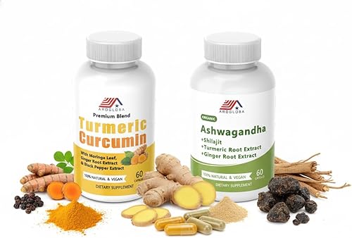 Paquete de suplemento de hierbas  Ashwagandha + Shilajit + cúrcuma 4 en 1 cápsulas y curcumina + extracto de moringa  Alivio del estrés, apoyo