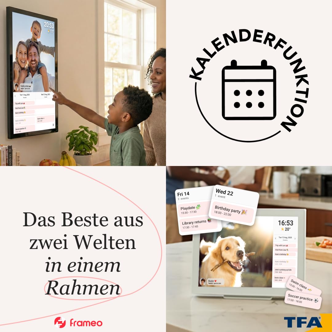 TFA Dostmann Digitaler WLAN Foto Bilderrahmen 10 Zoll, 37.1000, mit FRAMEO App, USB Anschluss, für Video und Fotos, Uhrzeit + Wetteranzeige, einfache Einrichtung, schwarz