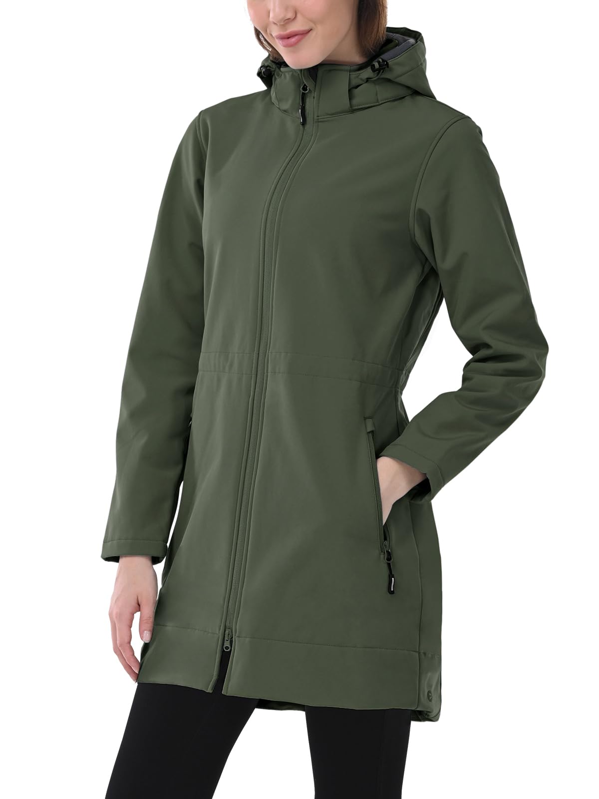 Outdoor Ventures Chaqueta larga softshell con capucha para mujer, a prueba de viento forrada de forro polar, cortavientos impermeable