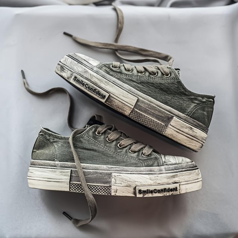 Vintage Style Street-Inspired Men's Canvas Skate Shoes - Distressed Solid Color Lace-Up Low Top Sneakers for Casual, Daily Wear - All-season Fabric Lined Rubber Sole Skateboarding Shoes with Round Toe3