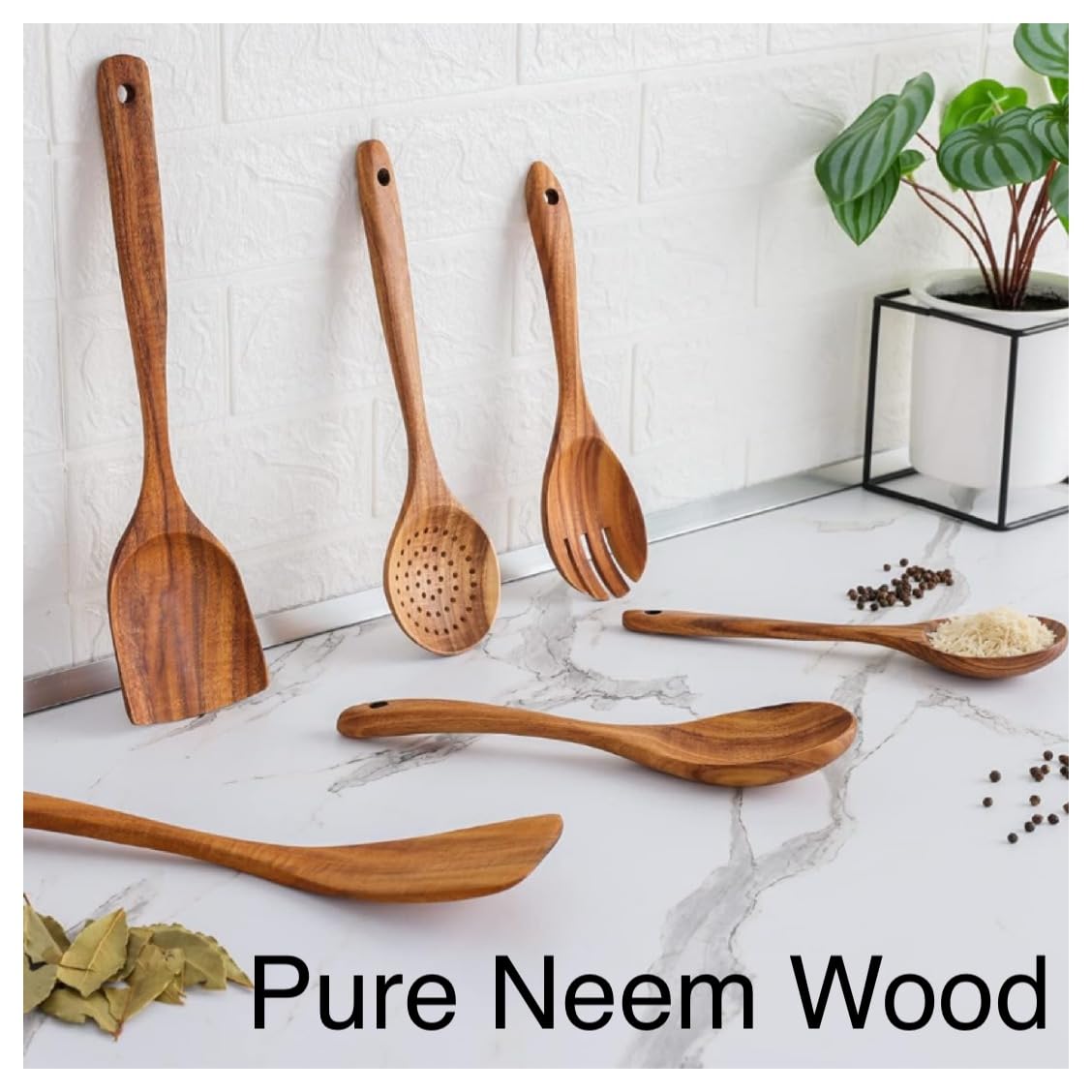 Espátula de madera de neem hecha a mano antiadherente para cocinar y servir, utensilios de cocina, cuchara de madera premium, cuchara de postre, juego de cucharas de mesa (paquete de 6)