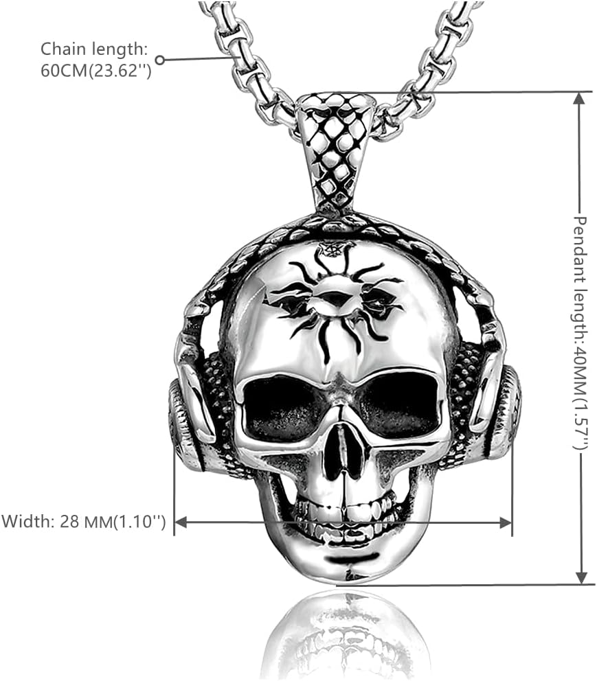 Mens Vintage Headphone Pendant Necklace, Stainless Steel Antique Silver Pendant with Wheat Chain, Punk Rock Style for Music Lovers - Image 2