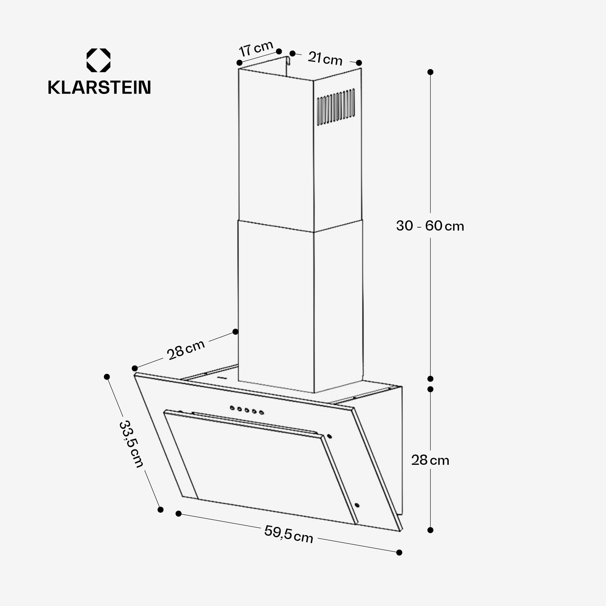 Klarstein Athena Hotte Aspirante 60 cm - Hotte Décorative Inclinée, 254 m³/h, LED, A+++, 3 Vitesses, Filtre Charbon, Silencieuse, Recyclage & Évacuation, Hotte Cuisine Moderne