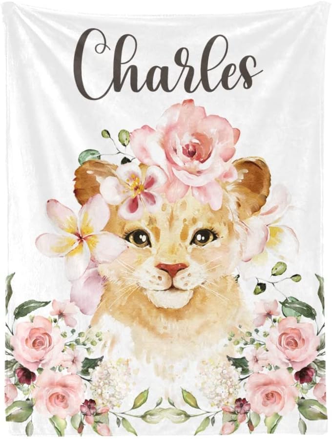 Personalized Baby Blankets for Boys with Name Customized Floral Lion Baby Newborn Blanket (Name 13, 50" x 60")