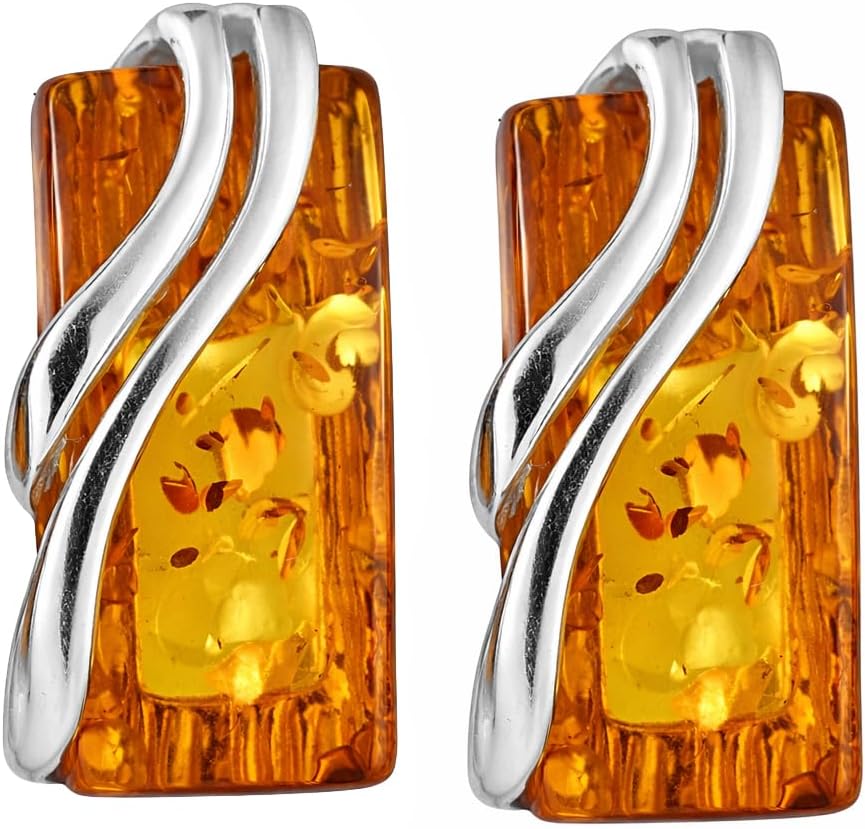 Ewa Baltic Honey Amber Stud Earrings in 925 Sterling Silver – Genuine Rectangle Amber Post Back Earrings, Handmade in Poland, Gift for Women
