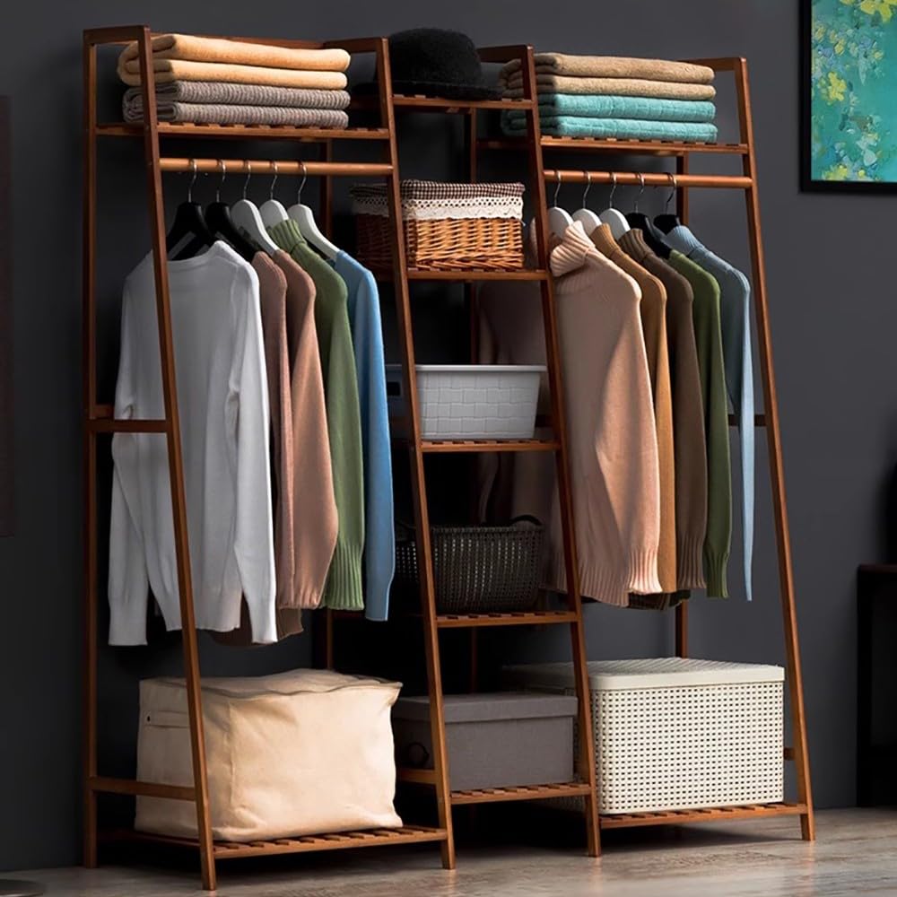 angroups Clothes Rail Clothes Rack with Shoe Rack, Garment Rack with 5 Tier Storage Rack and Tidy Rail, Bamboo Clothes Rail for Bedroom Living Room,Open Wardrobe Closet, Rustic Brown
