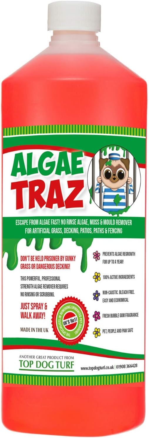 Algae Traz Moss and Mould Cleaner – 1ltr Concentrate Spray for Artificial Grass and Astro Turf also suitable for your Garden Patio Fence Slabs Decking Paving Brick Work Conservatory Roof and Driveway