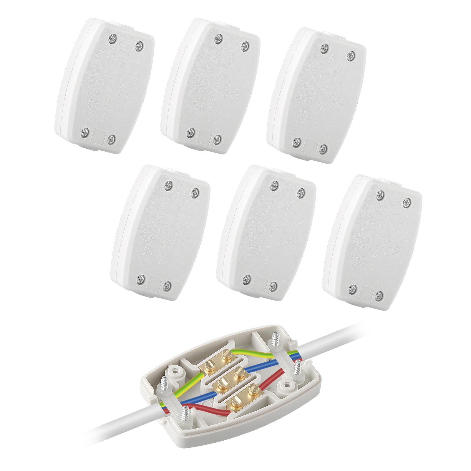 3 Terminal Electrical Cable Junction Box 13Amp 250v Flex Connector 3 Core White Cable Connectors For Indoor Lighting, Electrical Power, Wiring – Pack of 6