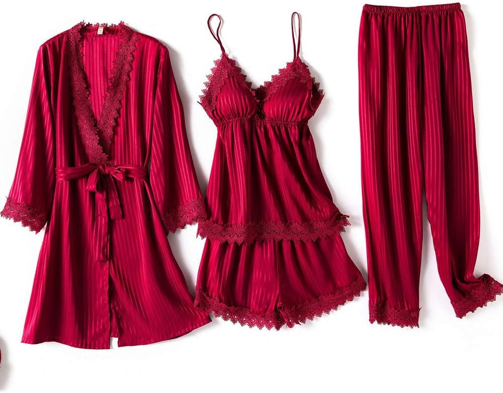 Silk Pajamas Set Lace Women 4PC Robe Gown Sexy Satin Nightsuits Sleep Suit Nightshirts Kimono Pyjama Nighties