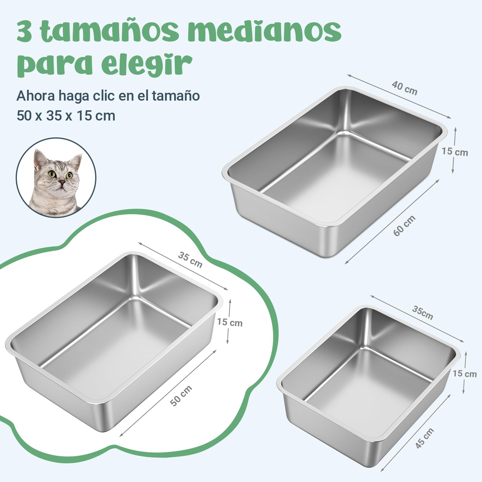 WENBOKMIN Bandeja Sanitaria de Acero Inoxidable para Gatos,50 x 35 x 15 cm | La bandeja sanitaria metálica para gatos tiene una superficie lisa y antiadherente, es fácil de limpiar y de uso duradero.