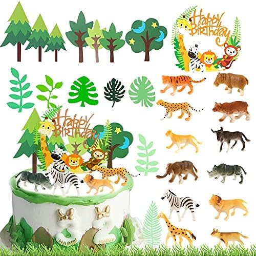 35 PCS Jungle Safari Animal Cake Toppers Safari Animals Figures Toys Picks Wild Jungle Animals Happy Birthday Cake Decorations for Baby Shower Safari Party Holiday Party